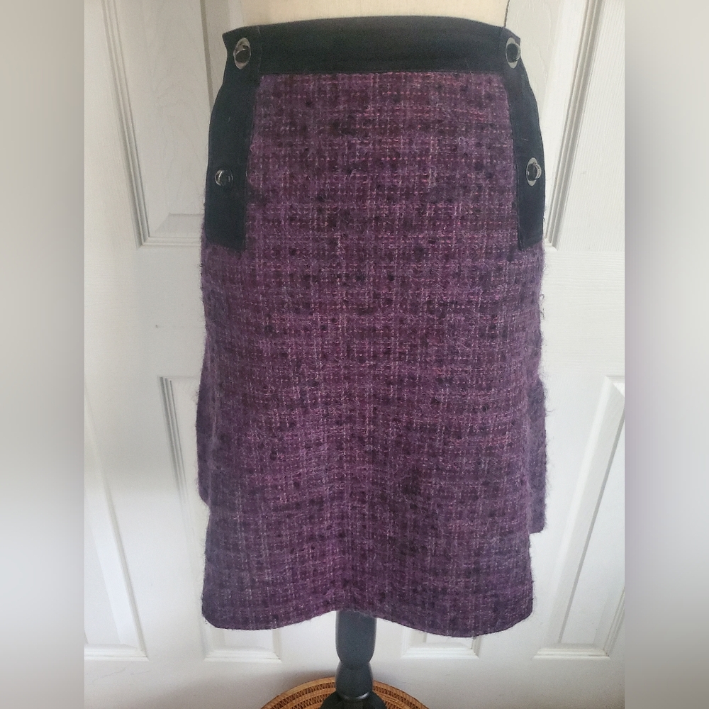 Dana Buchman Womens Tweed Mohair Plaid Purple Tweed Skirt Suede And Gold Detail